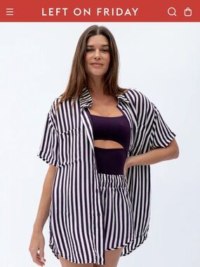 Left On Friday Black and White Striped Button-Down Shirt Beachwear Sports-silk